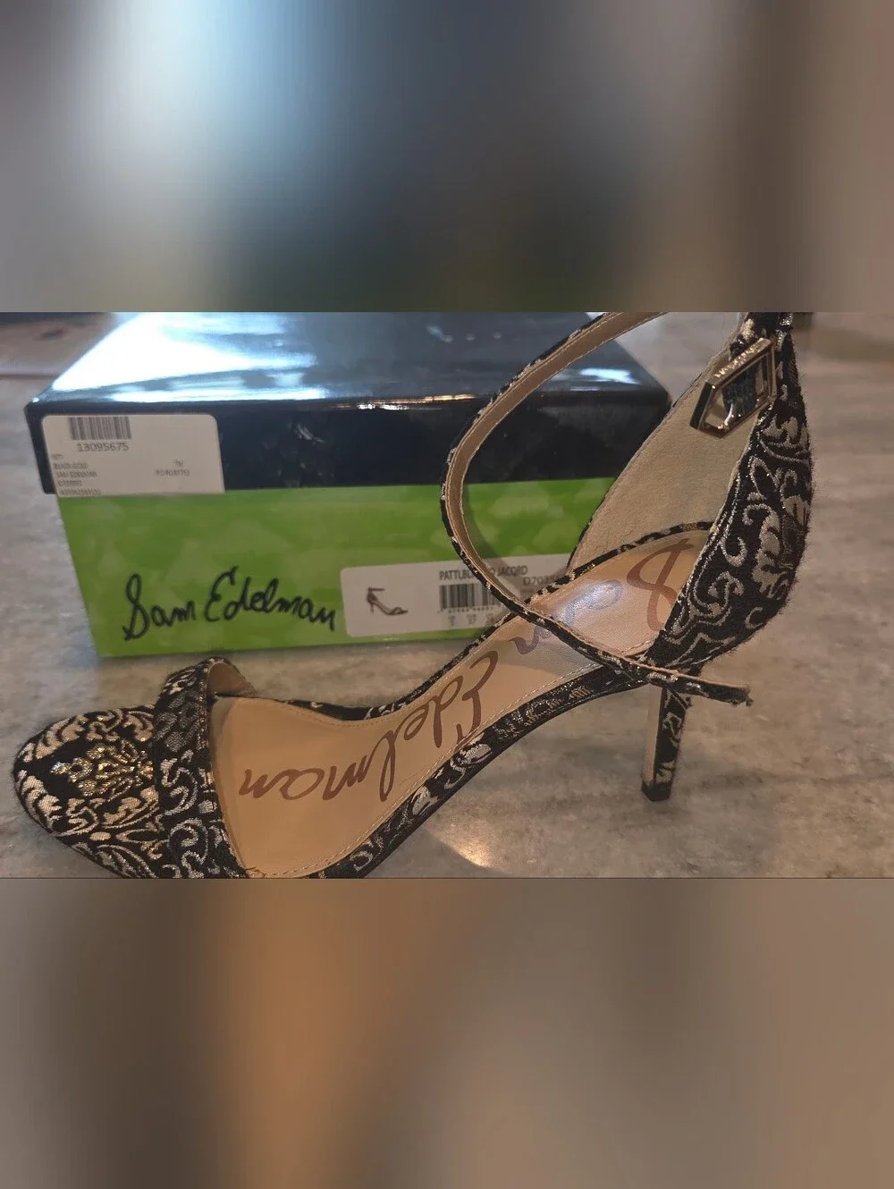 Sam Edelman Black and Gold Embroidered Ankle-Strap Heels